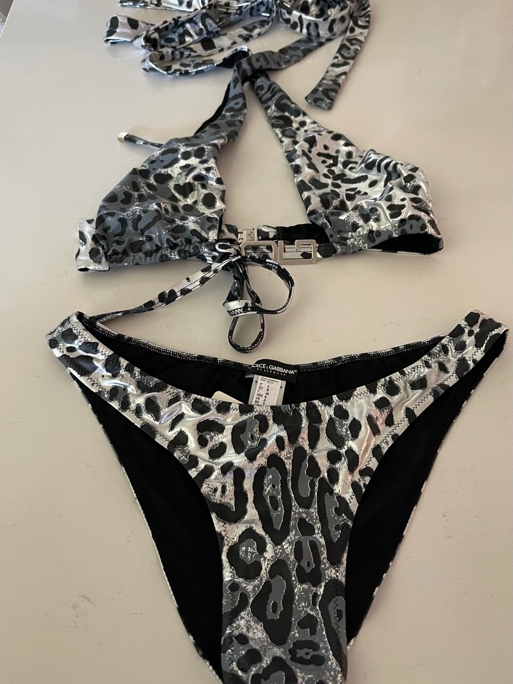 Dolce & Gabbana Silver and Black Leopard-Print Bikini Set
